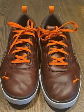 Puma Monolite Men's Brown Leather Golf Turfs with Orange Laces